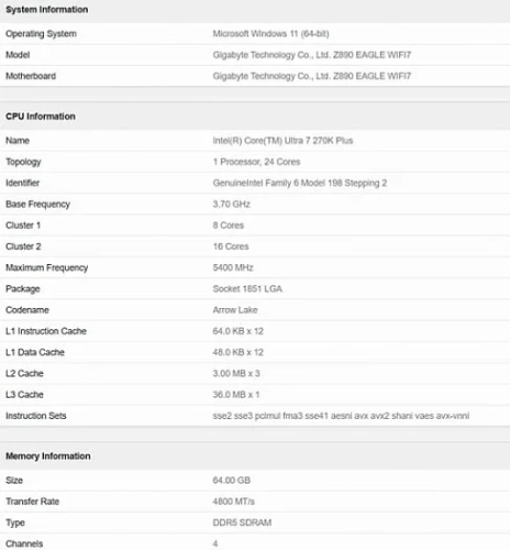 Intel Core Ultra 7 270K показал себя на 5% лучше Core Ultra 7 265K в Geekbench Intel Core Ultra 7 270K показал себя на 5% лучше Core Ultra 7 265K в Geekbench