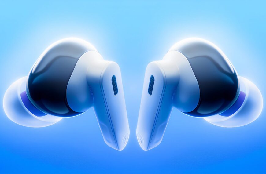 Беспроводные наушники на синем фоне, технологии и стиль.