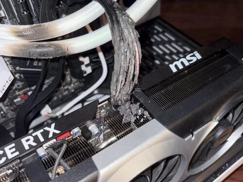 Перегрев видеокарты RTX MSI с поврежденными кабелями в системном блоке.