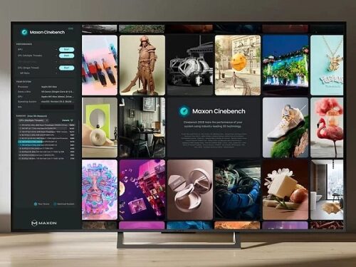 Экран с интерфейсом Maxon Cinebench и галереей изображений искусств.