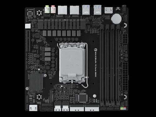 Материнская плата с разъемами и слотами для оперативной памяти, вид сверху.