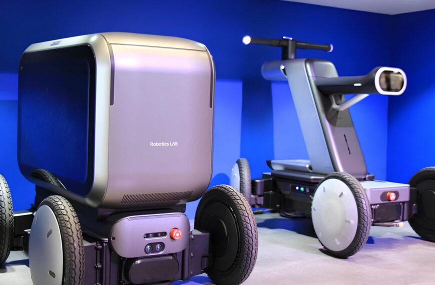 Роботы-доставщики на колесах в лаборатории робототехники синий фон.