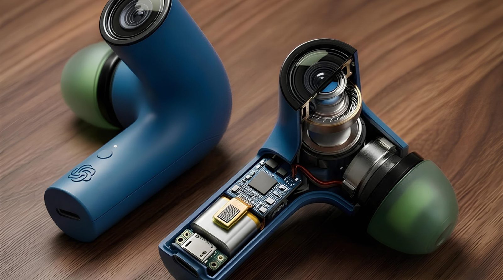 Синий гаджет на столе, показывающий электронные детали внутри.