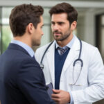 Доктор в белом халате консультирует пациента в офисе.