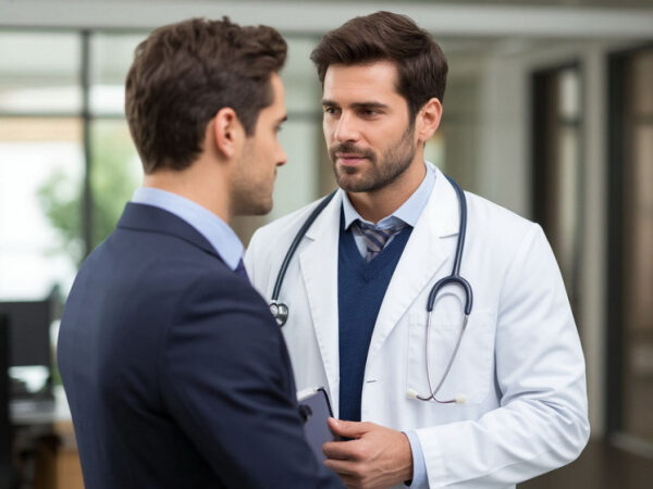 Доктор в белом халате консультирует пациента в офисе.