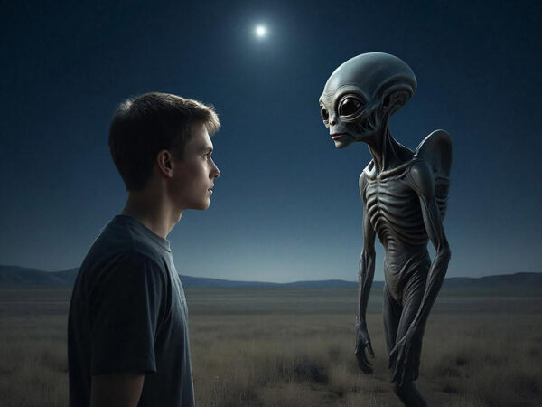 Человек и инопланетянин смотрят друг на друга на фоне ночного неба и луны.