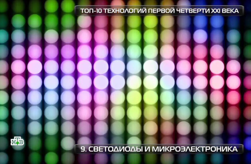 Цветные светодиоды, текст: "Топ-10 технологий XXI века. Светодиоды и микроэлектроника".