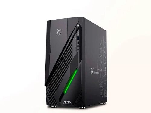 Черный игровой компьютер MSI с зелёной подсветкой.