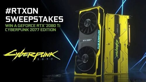 Розыгрыш RTX 2080 Ti Cyberpunk 2077 Edition, видеокарта на черном фоне.