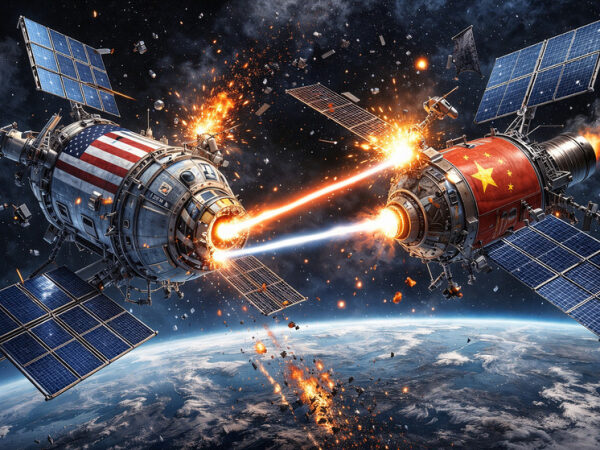 Атака спутников США и Китая в космосе, столкновение и взрывы.