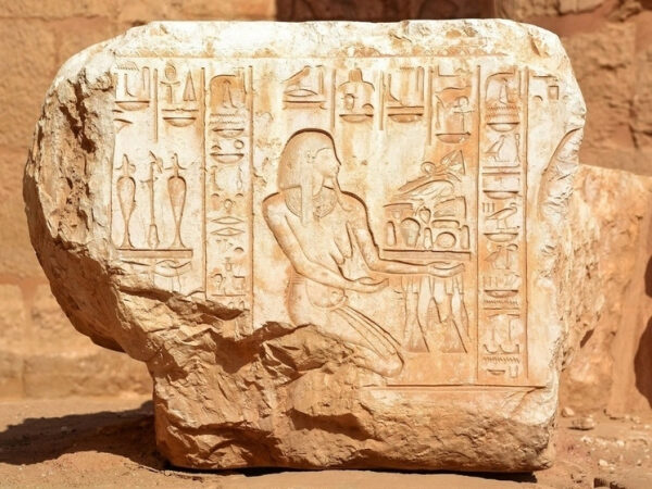 Древнеегипетская каменная плита с иероглифами и изображением фигуры в профиль.