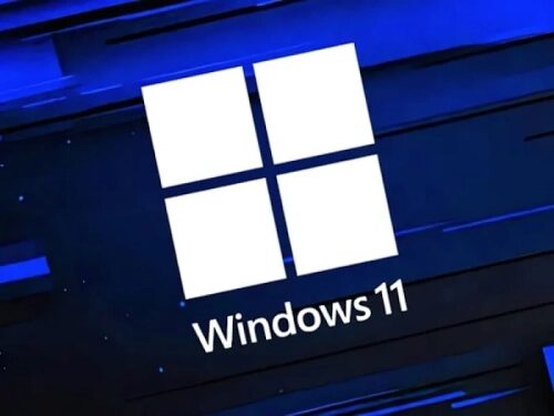 Логотип Windows 11 на синем фоне.