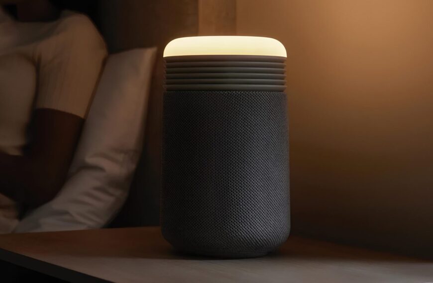 Умная колонка с подсветкой на прикроватном столике в темной комнате.