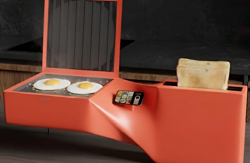 Ярко-оранжевый кухонный прибор с яичницей и тостами на черной столешнице.