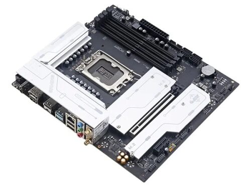 Материнская плата с радиаторами и разъёмами, вид сверху.