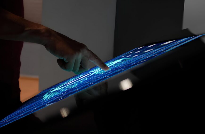 Рука касается голографического дисплея с синими световыми линиями.