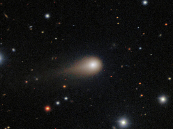 Комета C/2023 P1 Нишимура в космосе среди звезд, виден яркий хвост.