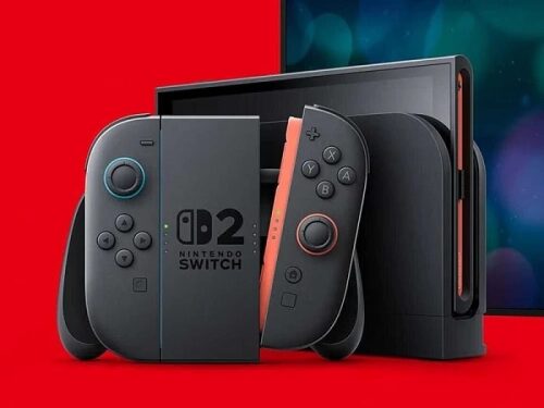 Консоль Nintendo Switch с джойконами на красном фоне.