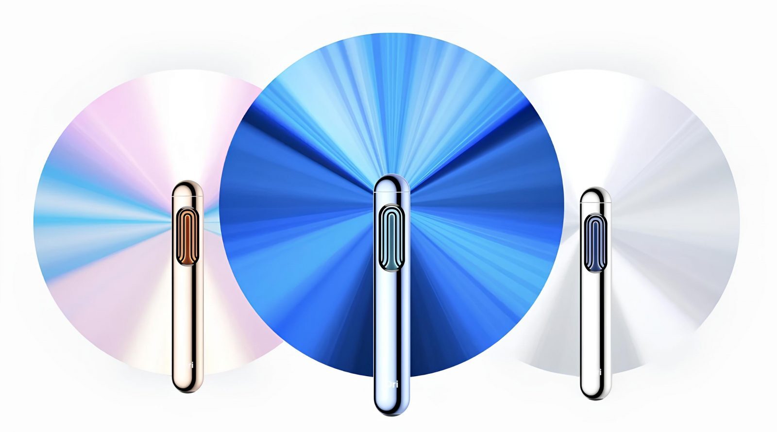 Три современныe электронныe устройства на фоне цветных кругов.