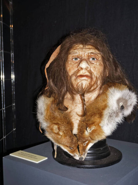 Бюст в музее с украшением из лисьего меха на чёрном фоне.