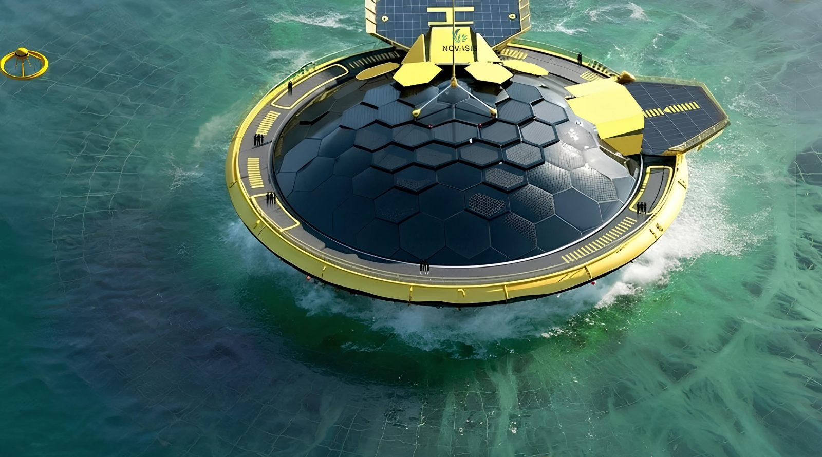 Плавучий город Novasis с водорослями, энергией и пресной водой 5 Плавающее устройство с солнечными панелями на воде, вид сверху.