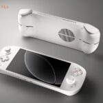 Белая портативная игровая консоль Mangmi Pocket Max с кнопками и экраном на сером фоне.