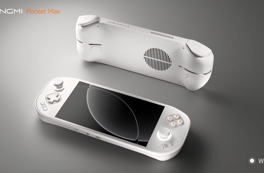 Белая портативная игровая консоль Mangmi Pocket Max с кнопками и экраном на сером фоне.