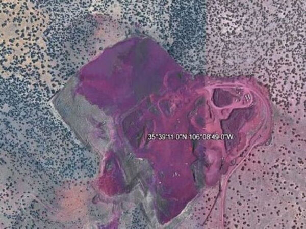 Спутниковое изображение с координатами, фиолетовый участок земли с окружением.