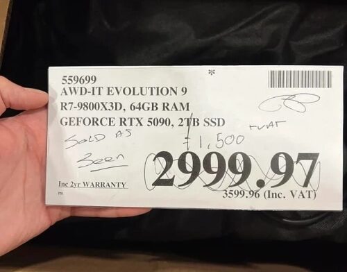 Ценник компьютера: AMD Ryzen, RTX 5090, 64GB RAM, 2TB SSD, цена 2999.97 фунтов.