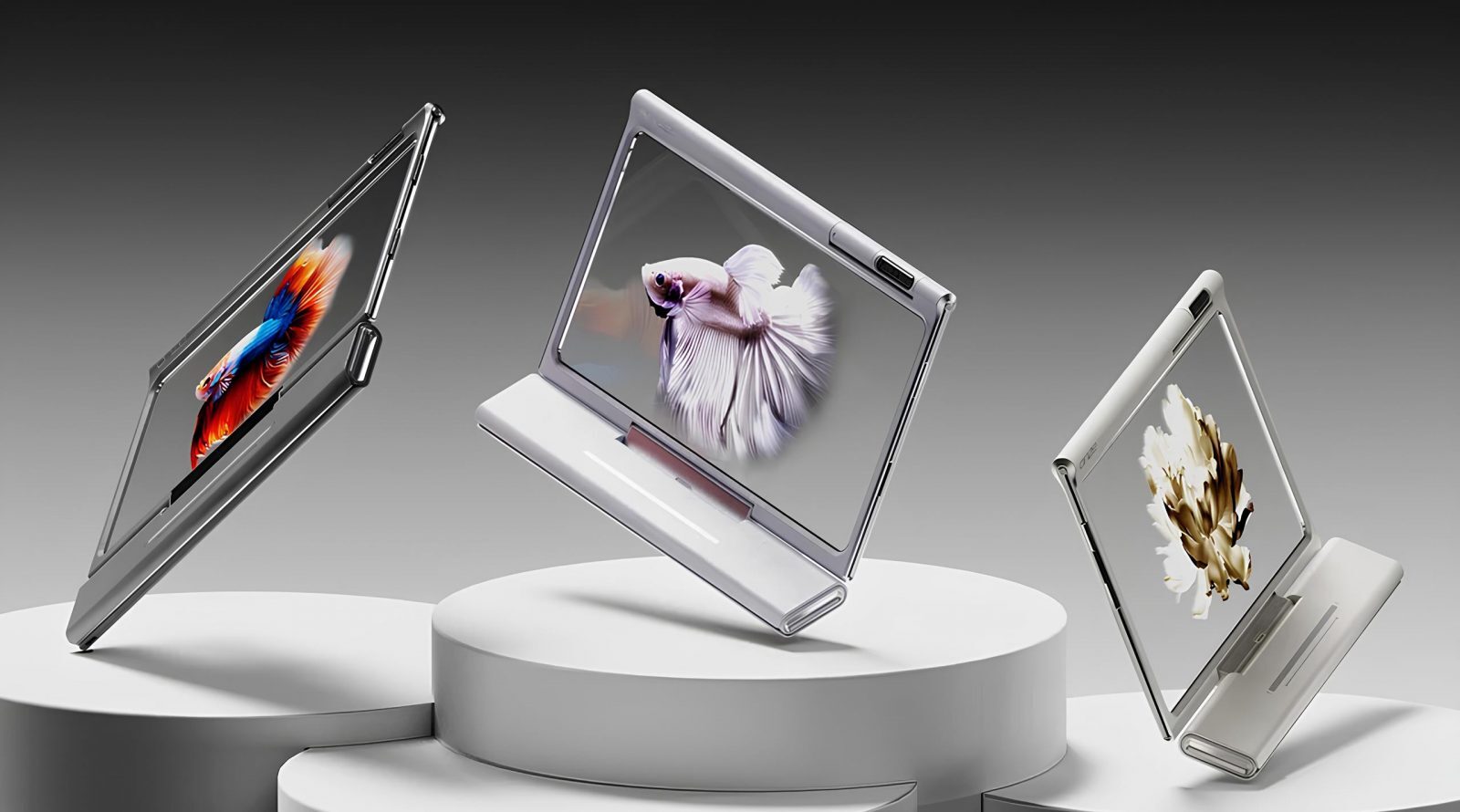 Три складных устройства с изображением рыб на экране на сером фоне.