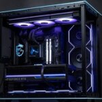 Игровой компьютер с подсветкой RGB, открытый корпус, мощная видеокарта GeForce RTX.