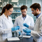 Ученые в лаборатории проводят эксперименты с химическими веществами, изучая результаты.