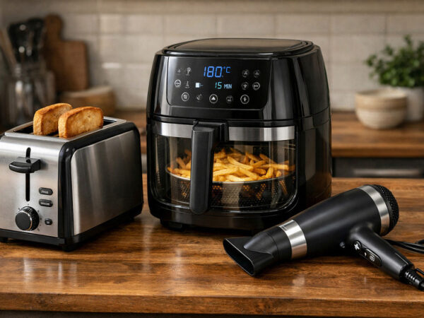 Тостер, фритюрница и фен на кухонном столе.