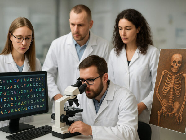 Учёные в лаборатории изучают ДНК под микроскопом, рядом экран с генетическими данными.