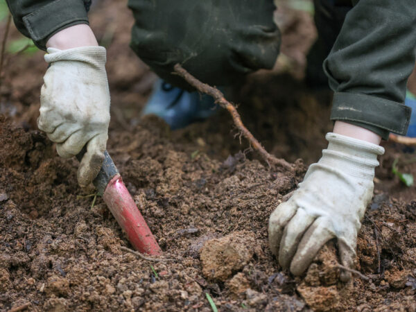 Человек в перчатках копает землю лопатой на улице, садовые работы, крупный план.