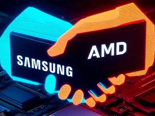 Логотипы Samsung и AMD в форме рукопожатия на фоне микросхем.