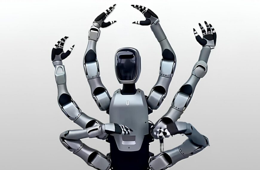 Робот с шестью руками на сером фоне, концепция футуристических технологий.