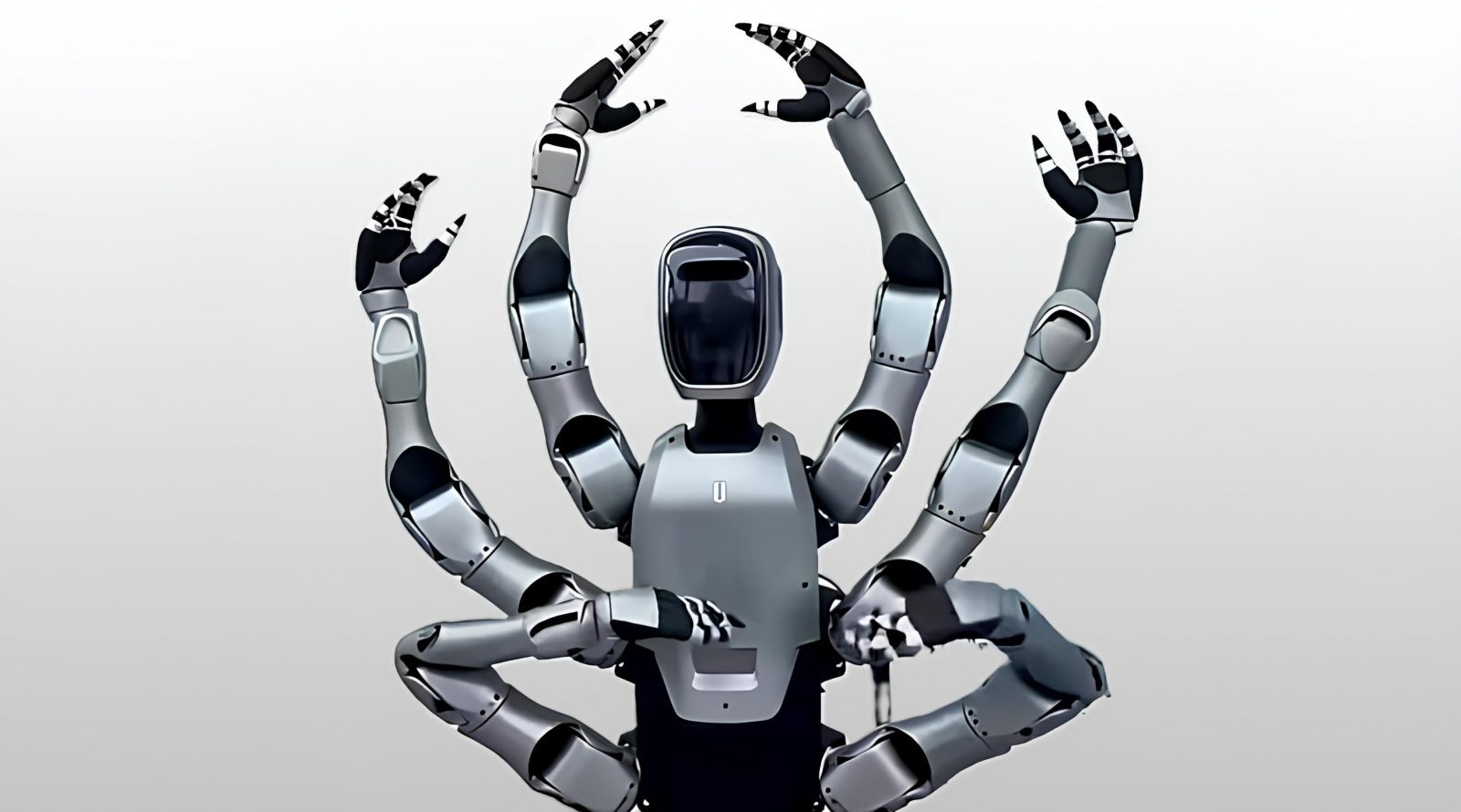 Робот с шестью руками на сером фоне, концепция футуристических технологий.