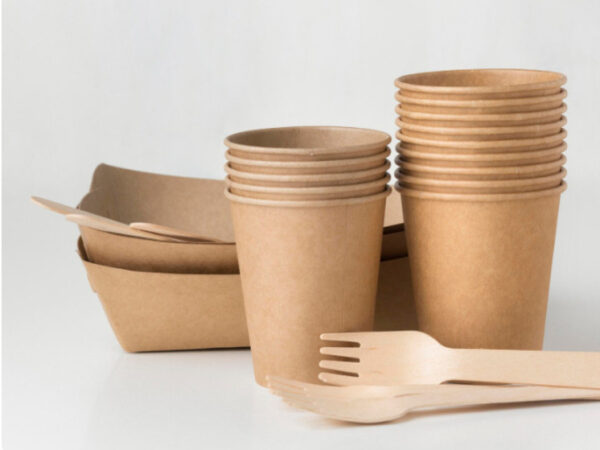 Одноразовая бумажная посуда: стаканы, тарелка и деревянные вилки на светлом фоне.