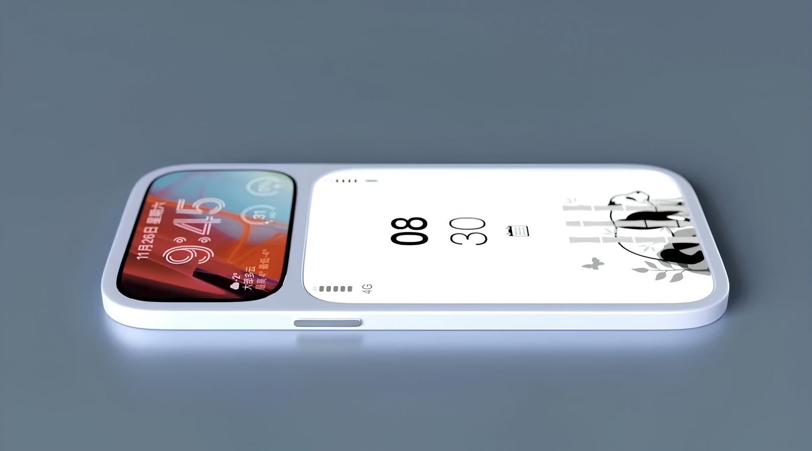 Современный концепт смартфона с двумя экранами на сером фоне.