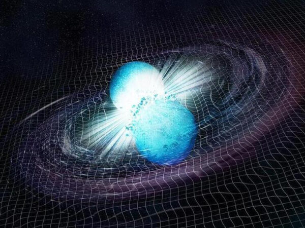 Слияние нейтронных звёзд, гравитационные волны, космическая иллюстрация.