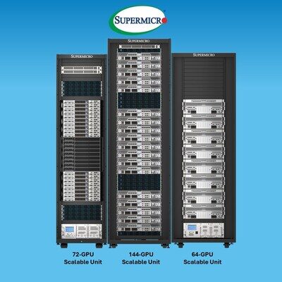 Серверные стойки Supermicro с 72, 144 и 64 GPU на синем фоне.