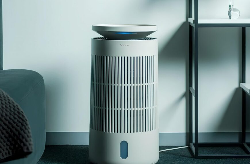 Воздухоочиститель в интерьере, современный дизайн, минималистичная гостиная.