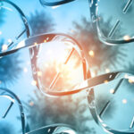 ДНК спираль на фоне микромира, научная иллюстрация для биологических исследований.