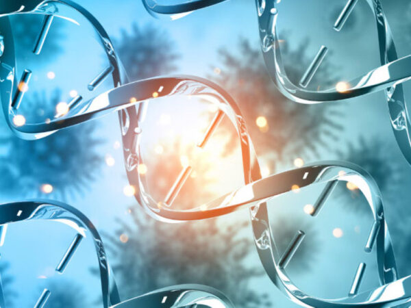 ДНК спираль на фоне микромира, научная иллюстрация для биологических исследований.