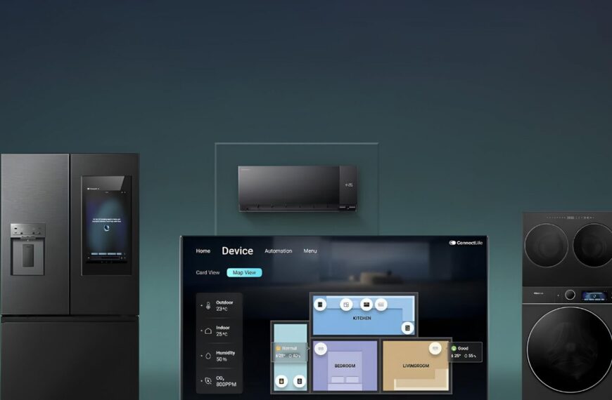 Умная бытовая техника: холодильник, кондиционер, управление через экран, стиральная машина.