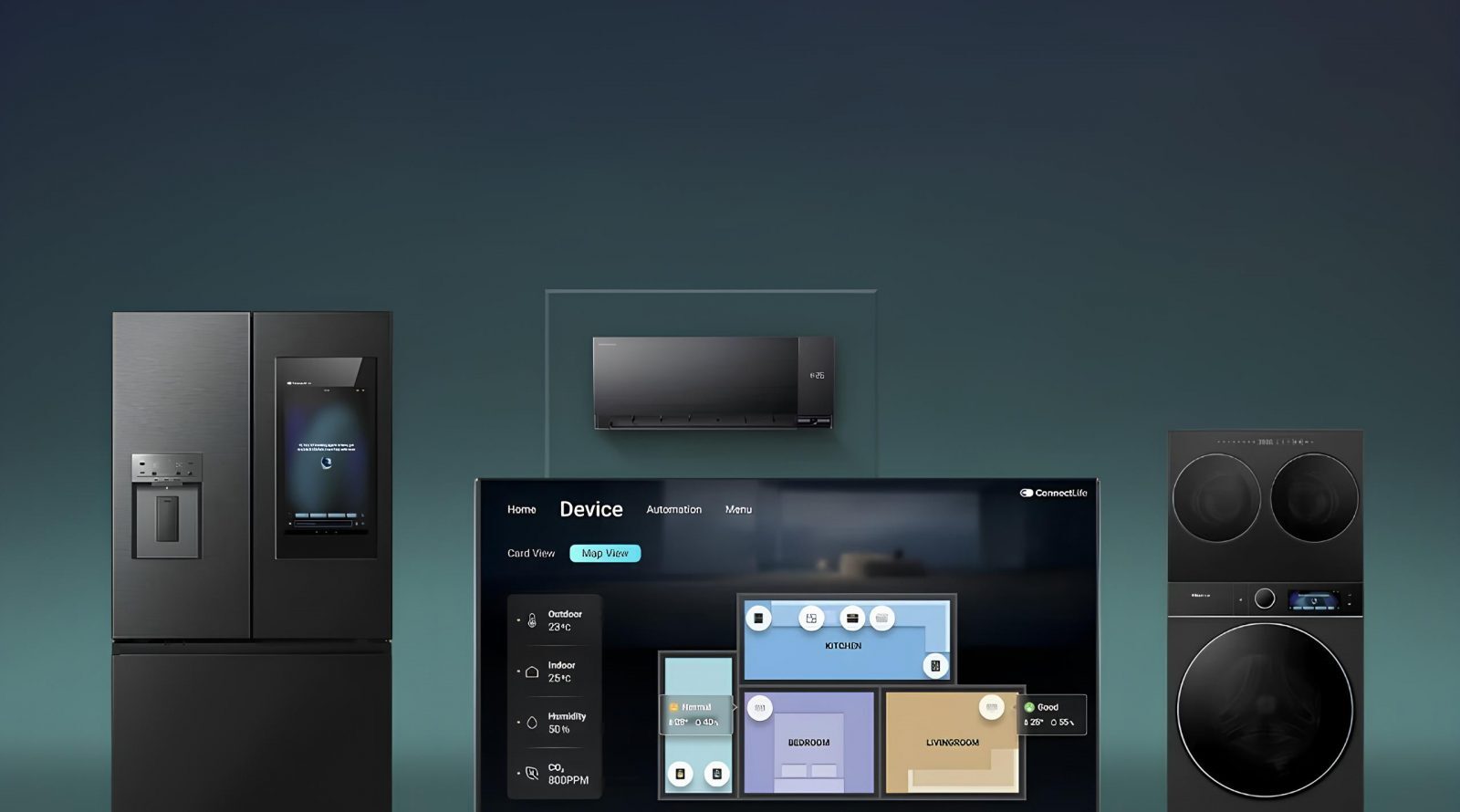Умная бытовая техника: холодильник, кондиционер, управление через экран, стиральная машина.