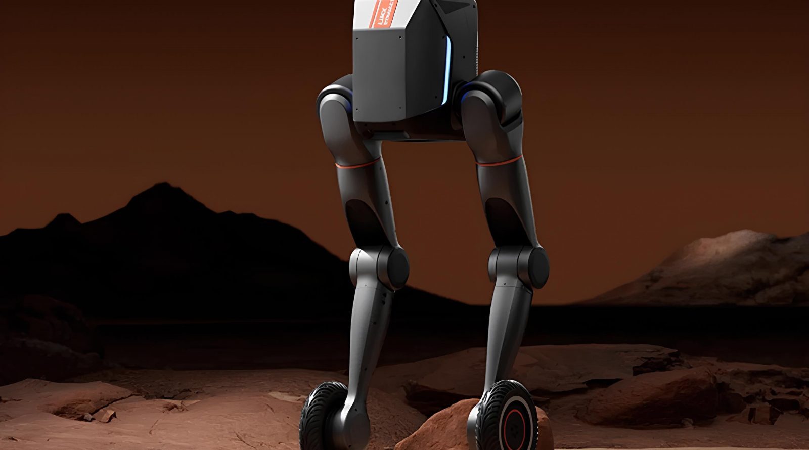 Робот с ногами на колесах в пустыне при закате.