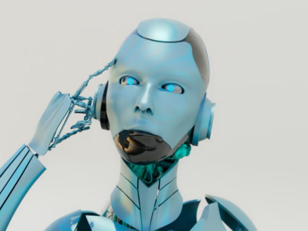 Робот с металлическими элементами, прикладывает руку к уху, серый фон.