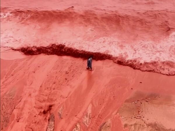 Человек у берега океана с красным песком и водой, необычный пейзаж природы.